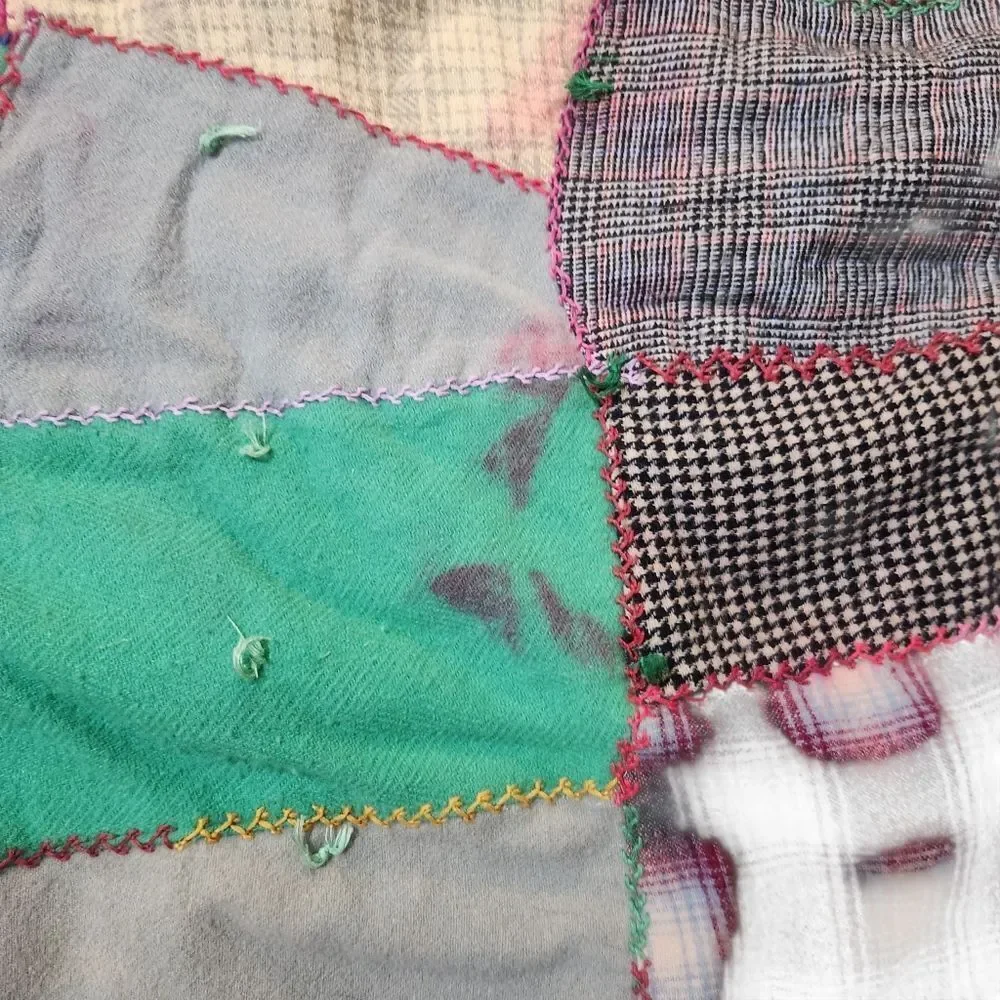 Vintage Handmade Patchwork Crazy Quilt Camp Blanket Wool Blend 78x62 Red Blue